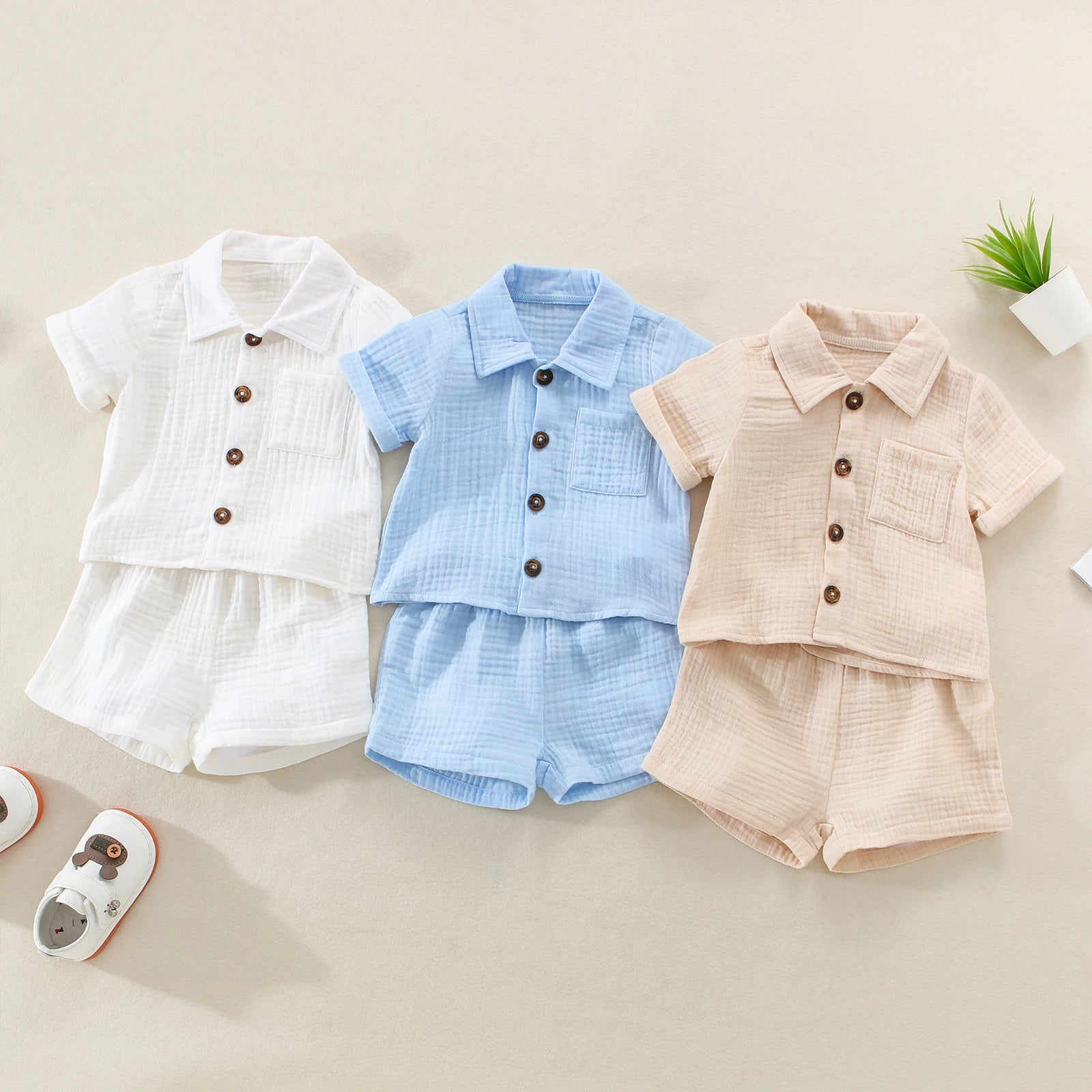 Toddler Baby 2-Piece Summer Set – Button Down Lapel Shirt & Shorts (0–3Y)