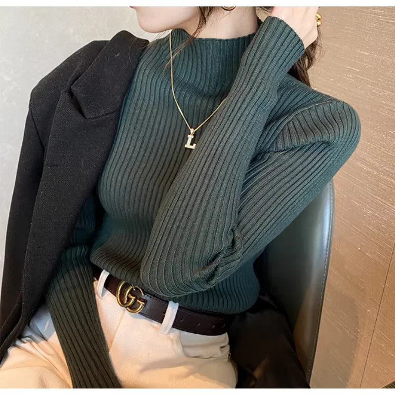 New Women's Elegant Solid Basic Knitted Tops Women Turtlneck Sweater Long Sleeve Casual Slim Pullover Fashion Simple Chic Tops