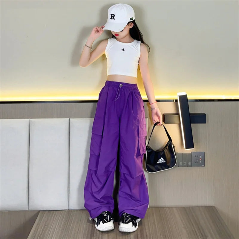 Girls' Cargo Jogger Pants – Loose Straight Streetwear Trousers with Pockets (Ages 5–14)