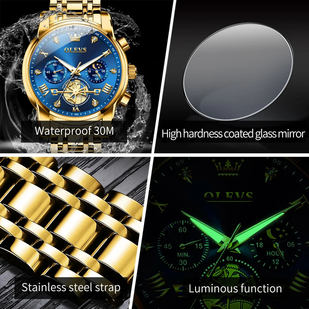 OLEVS 2856 Quartz Watches for Men Fashion Flywheel Design Chronograph Waterproof Luminous Calendar Moon Phase Men's Wristwatches