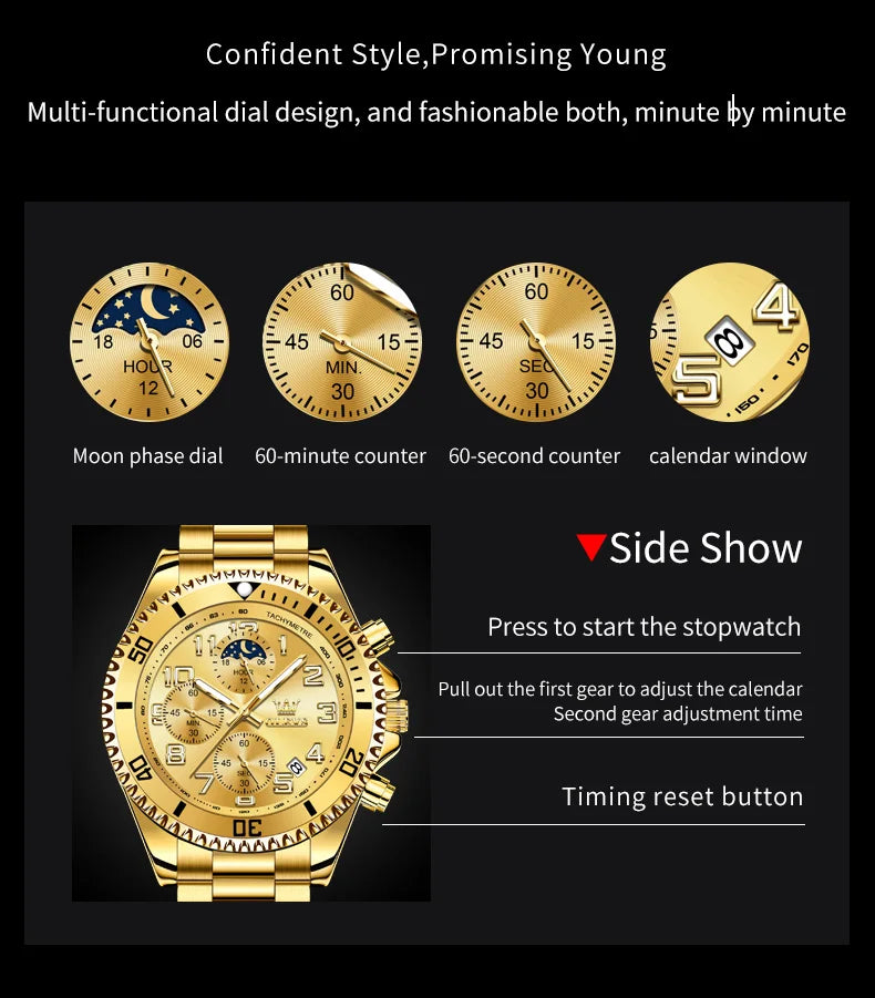 OLEVS 2926 Men's Watch Luxury Brand Gold Waterproof Calendar Moon Phase Chronograph Top Fashion Stainless Steel Men Quartz Watch