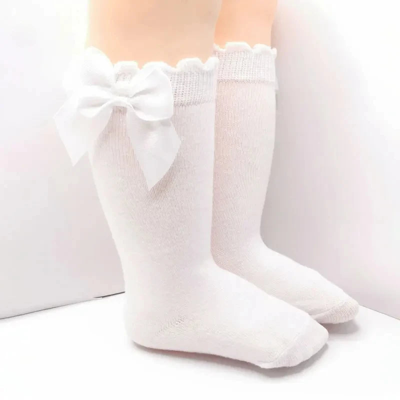 Baby Girl Knee High Socks with Bow Ruffles – Soft Cotton Toddler Stockings