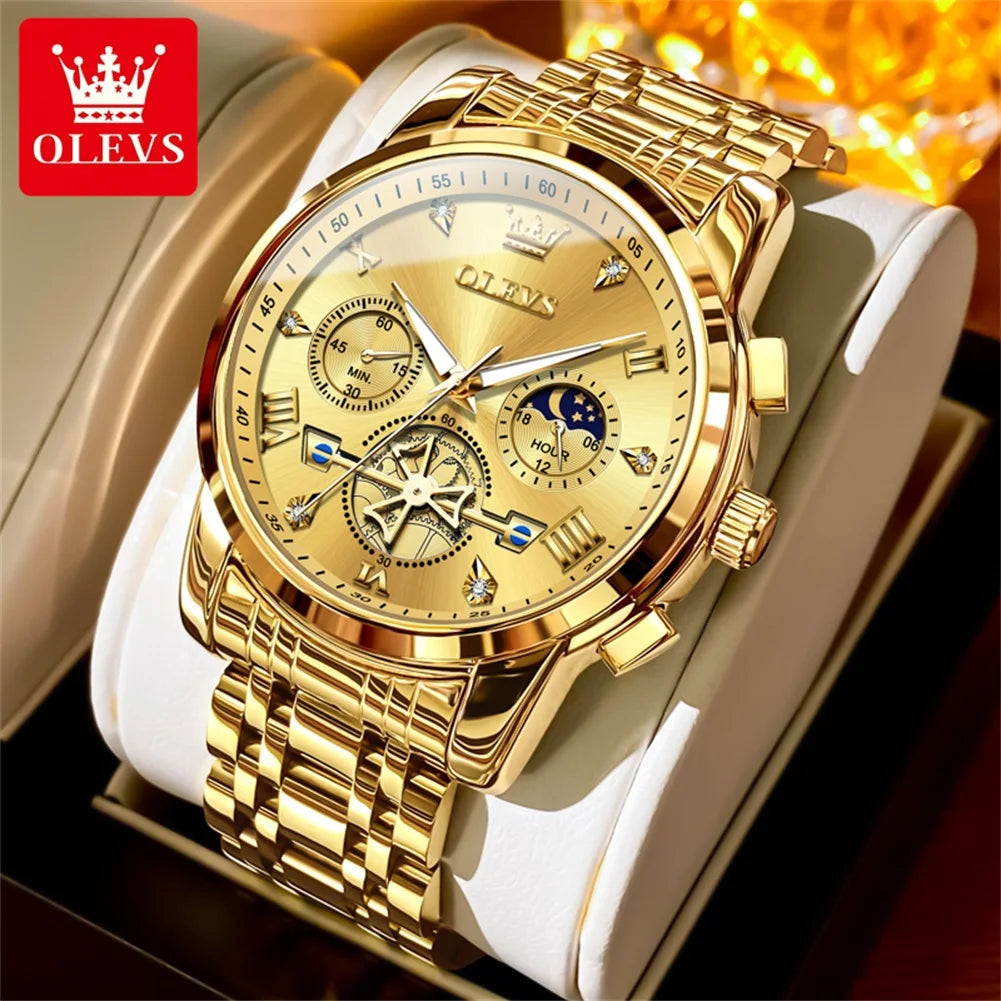 OLEVS 2856 Quartz Watches for Men Fashion Flywheel Design Chronograph Waterproof Luminous Calendar Moon Phase Men's Wristwatches