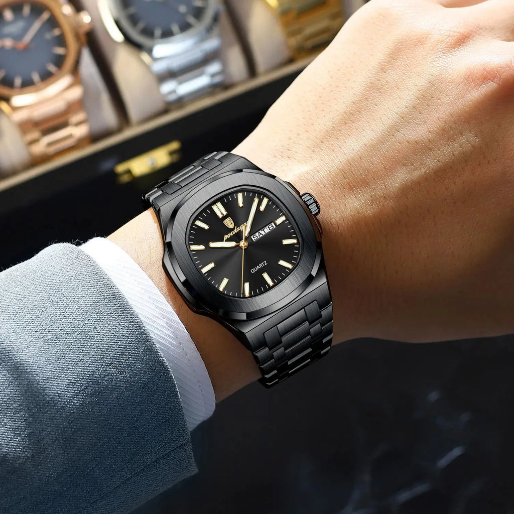 POEDAGAR Square Luxury Men Clock Waterproof Luminous Date Week Quartz Man Wristwatch Stainless Steel Fashion Men's Watches Reloj