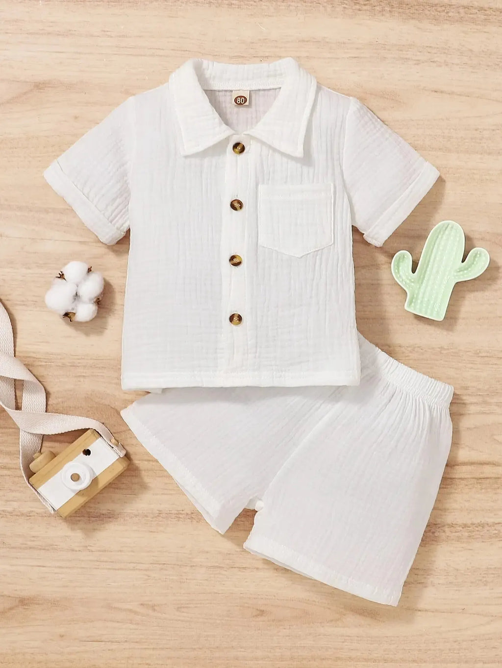 Kids' Cotton Shirt & Shorts Set – Solid Color Unisex Summer 2-Piece (0–3Y)