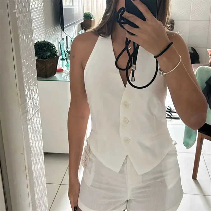 Women’s Crop Vest – Off Shoulder, Sleeveless, V‑Neck, Backless Summer Waistcoat