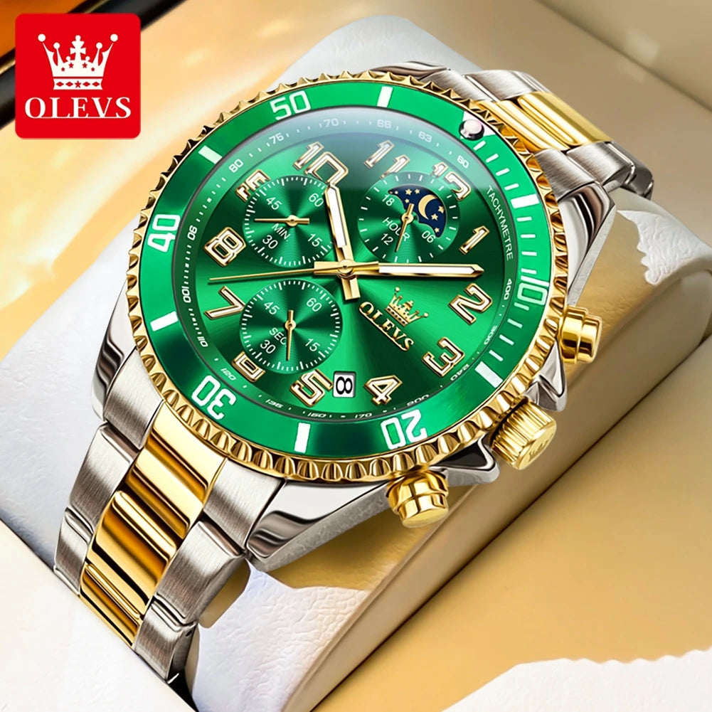 OLEVS 2926 Men's Watch Luxury Brand Gold Waterproof Calendar Moon Phase Chronograph Top Fashion Stainless Steel Men Quartz Watch
