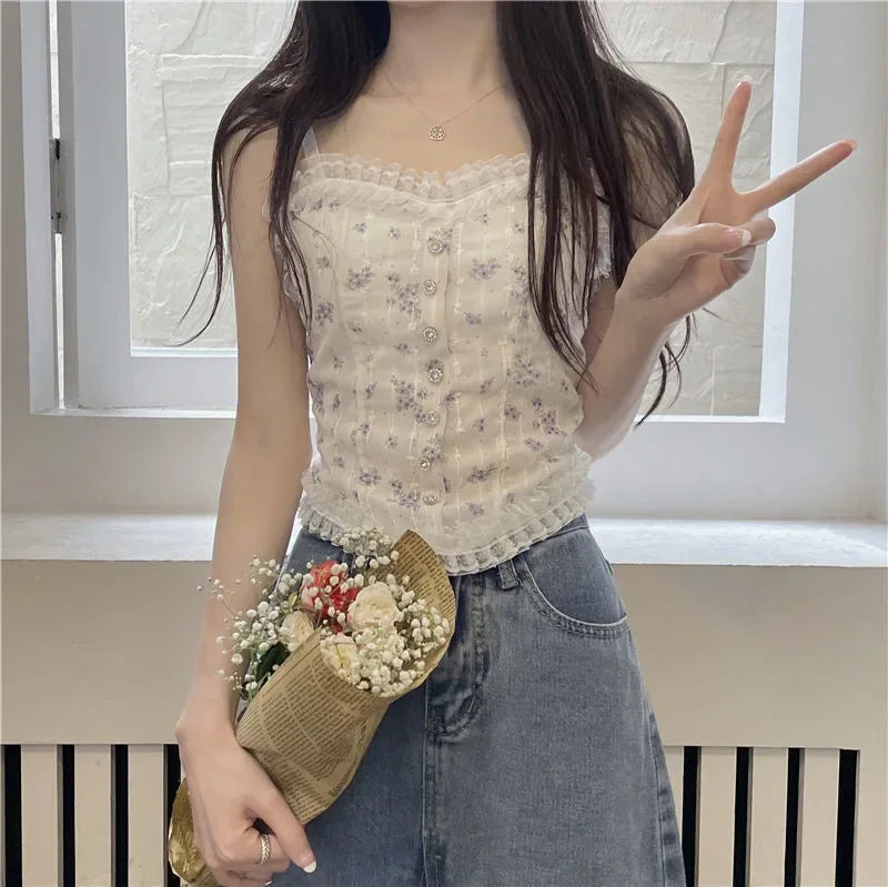 Women’s Floral Lace Vest – Halter Neck, Backless, Sleeveless Casual Top