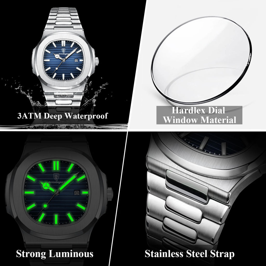 POEDAGAR Luxury Square Men Wristwatch Waterproof Luminous Date Stainless Steel Sports Male Clock Business Quartz Watches For Men
