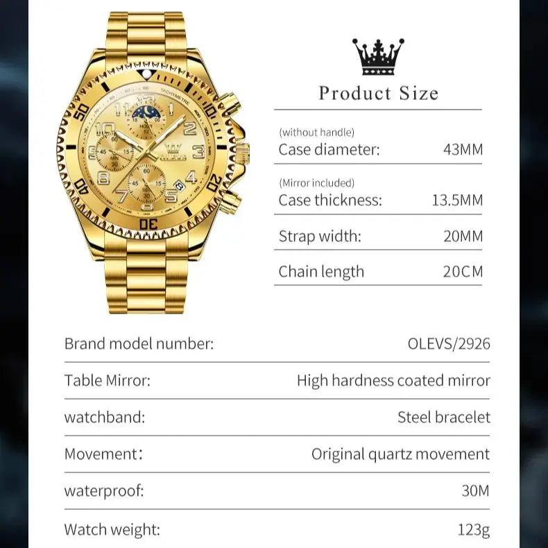 OLEVS 2926 Men's Watch Luxury Brand Gold Waterproof Calendar Moon Phase Chronograph Top Fashion Stainless Steel Men Quartz Watch
