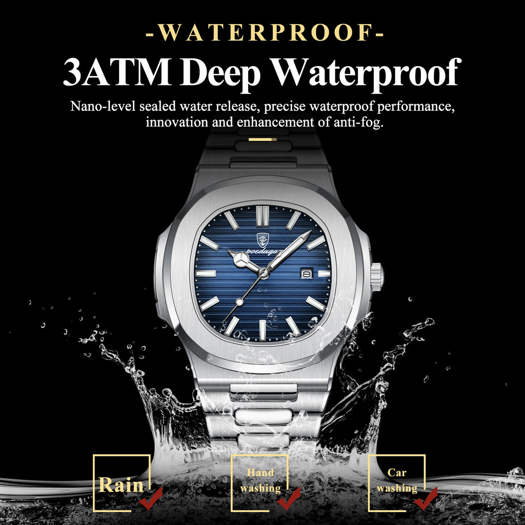 POEDAGAR Luxury Square Men Wristwatch Waterproof Luminous Date Stainless Steel Sports Male Clock Business Quartz Watches For Men
