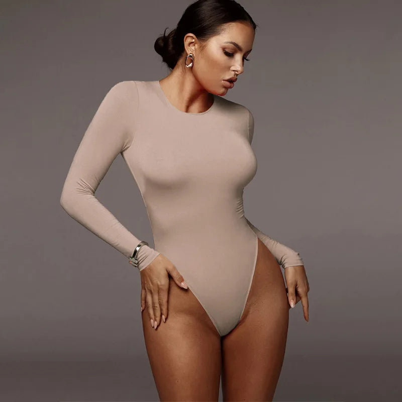 Women’s Bodysuit – O‑Neck, Long Sleeve, Solid Color Casual Top