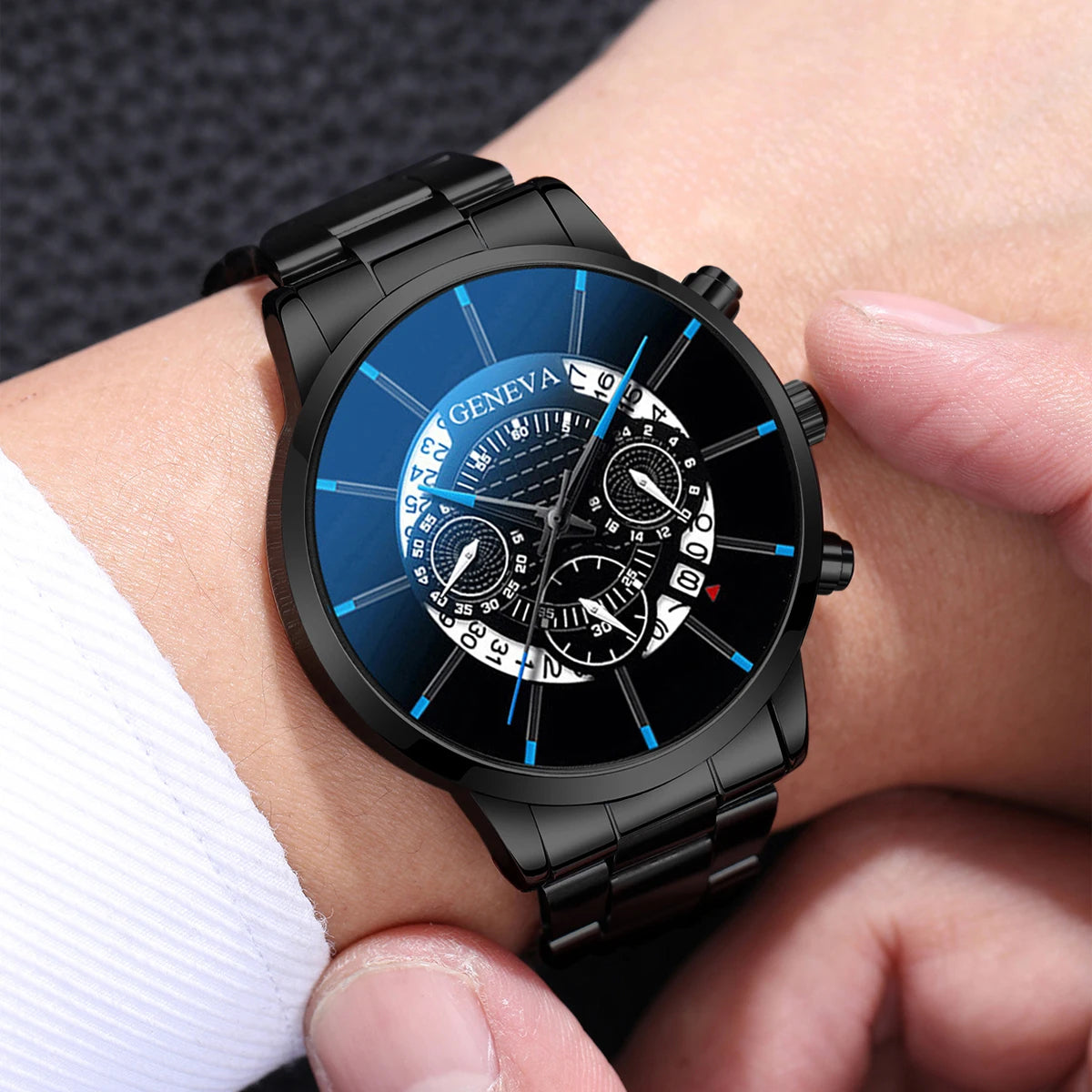 2PCS Men Business Watches Fashion Steel Band Male's Analog Quartz Watch Leather Bracelet Set Reloj Hombre（Without Box