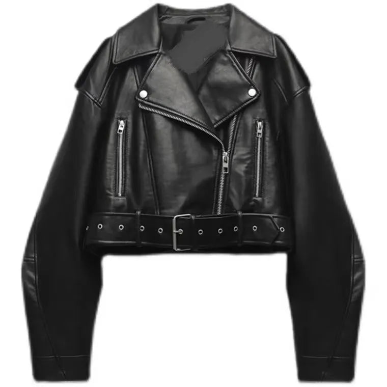 Women’s Oversized PU Leather Jacket – Vintage Loose Fit, Belted Moto Biker Style