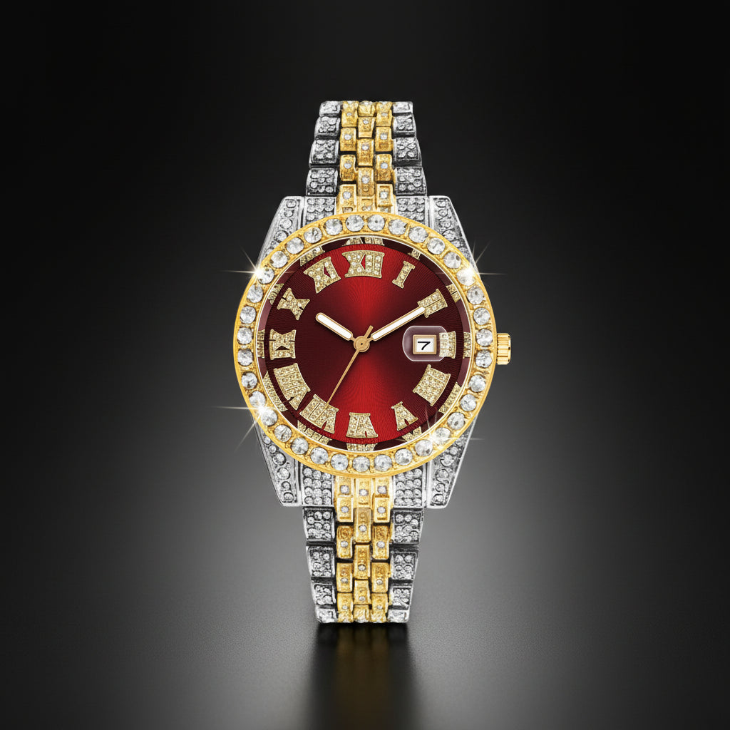 Luxury Hip Hop Stainless Steel Gold Color Calendar Watch For Men Iced Out Paved Rhinestones Men Watch Reloj Hombre