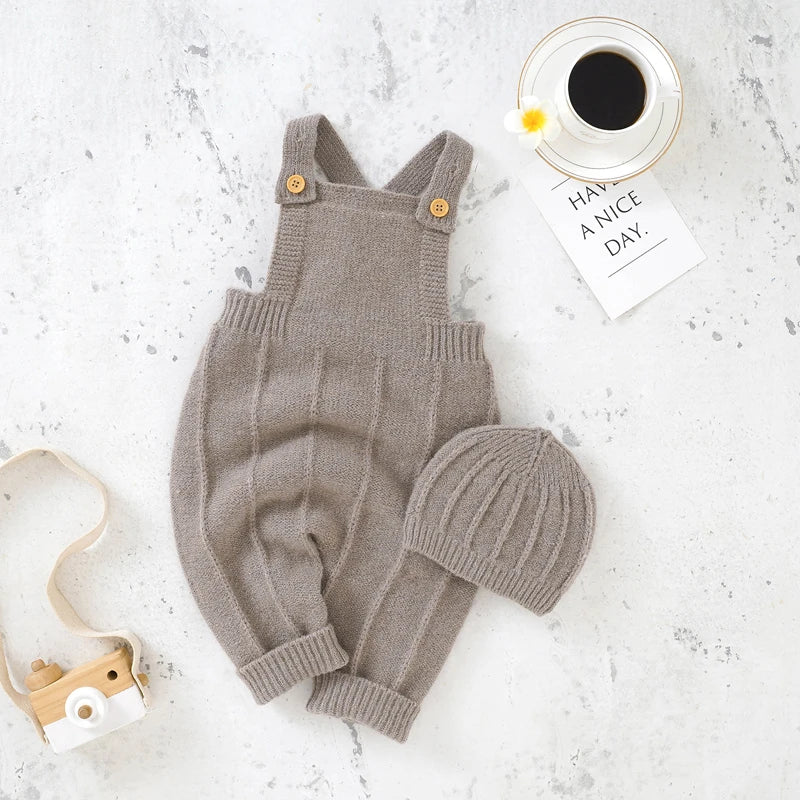 Baby Knit Romper Set with Hat – Sleeveless Solid Jumpsuit, Unisex (0–24M)