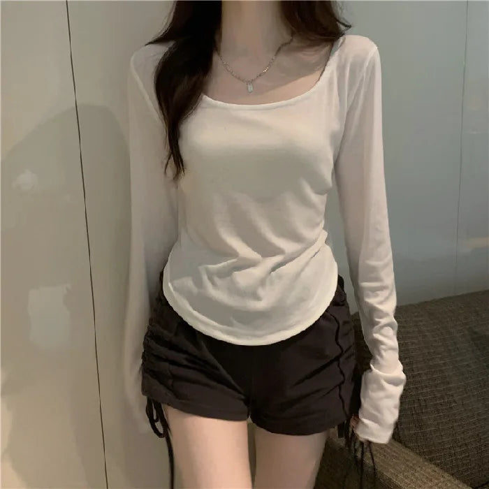 Women’s Elegant Slim T‑Shirt – Irregular Long Sleeve, Thin Section, Short Top