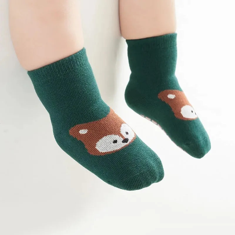 Kids' Non-Slip Floor Socks – Cartoon Fox & Bear Print, 6 Pairs (Toddler 1–4Y)