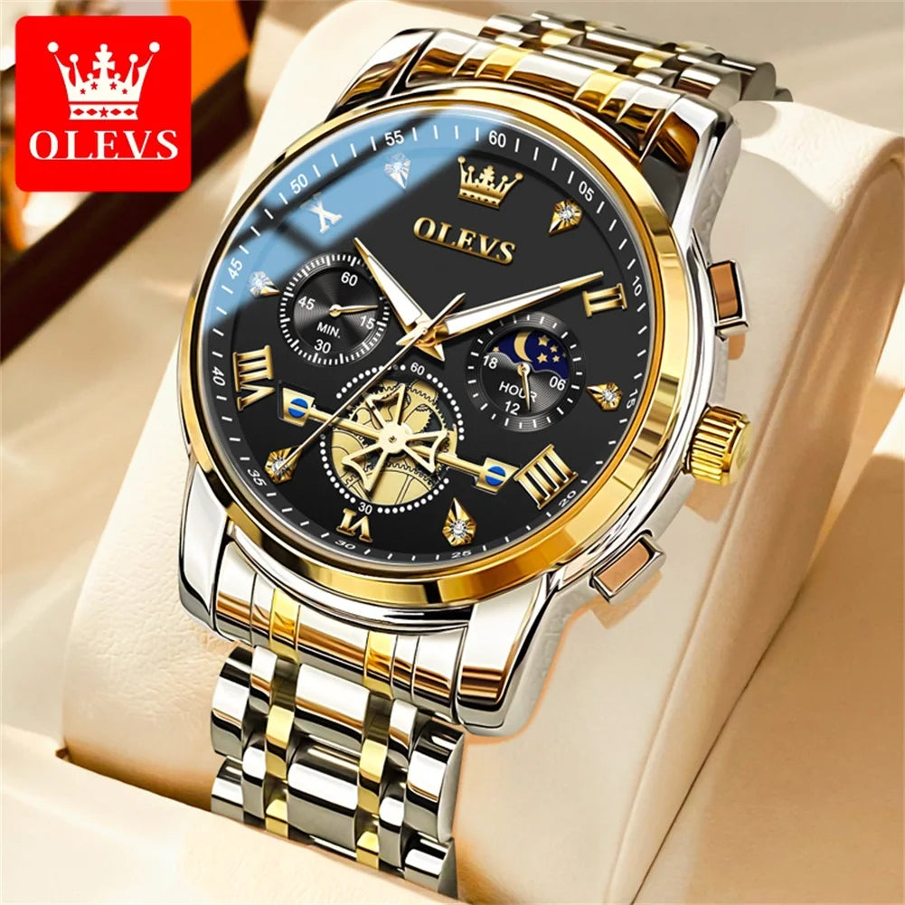 OLEVS 2856 Quartz Watches for Men Fashion Flywheel Design Chronograph Waterproof Luminous Calendar Moon Phase Men's Wristwatches