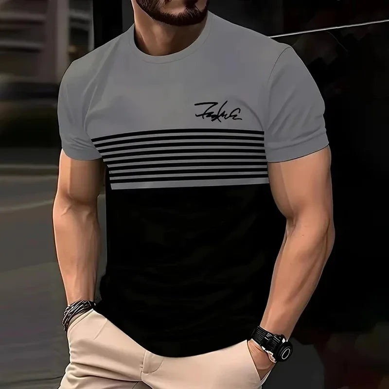 Fashionable striped printed short-sleeved T-shirt 2025 Spring/Summer casual collar crew T-shirt Soft and breathable T-shirt for