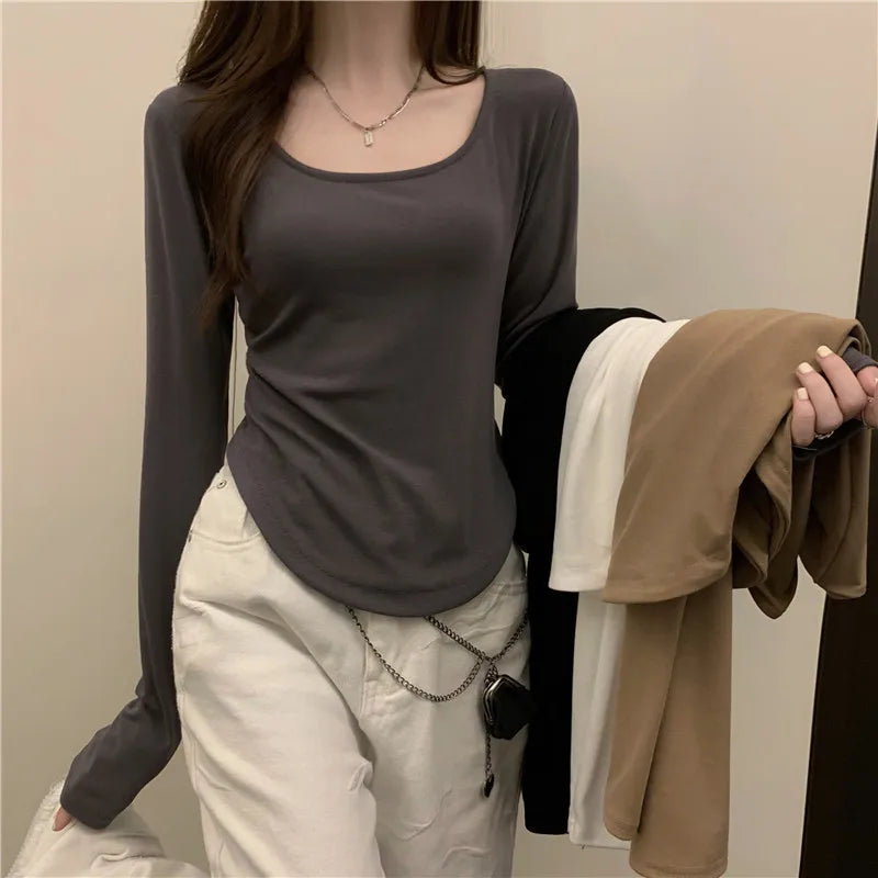 Women’s Elegant Slim T‑Shirt – Irregular Long Sleeve, Thin Section, Short Top
