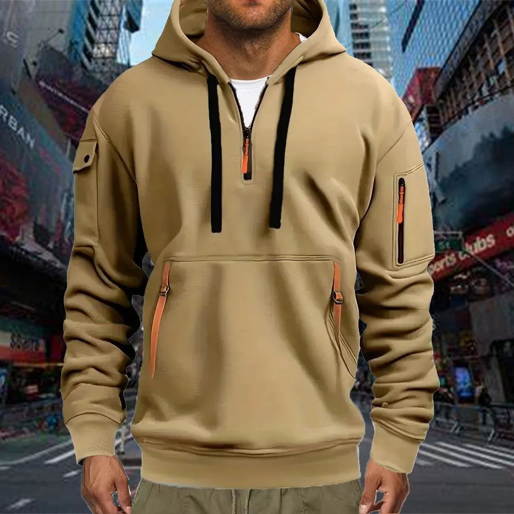 Men’s Casual Sports Hoodie – Solid Color Pullover, Arm Pocket, Plus Size