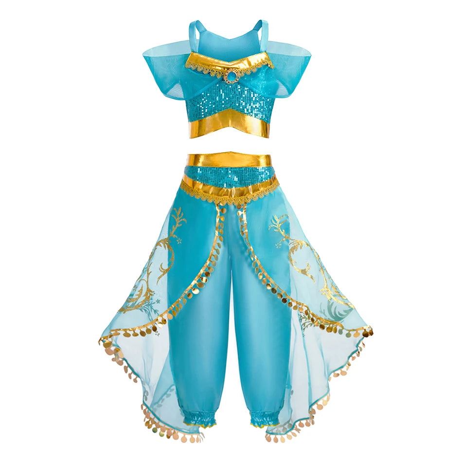 Girls' Jasmine Arabian Princess Costume – Sequin Dress for Halloween & Carnival (Sizes 100–150)
