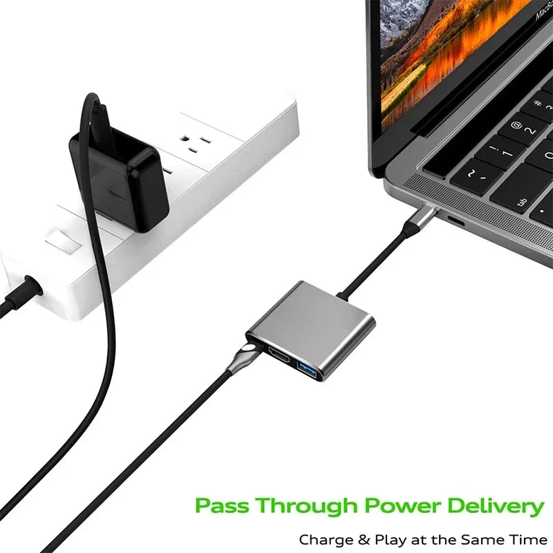 Compact 3-in-1 USB-C Hub with HDMI Adapter USB 3.0 Docking Station MacBook Air Converter for Enhanced Connectivity