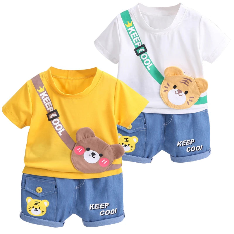 Baby Boys' Summer 2-Piece Set – Cartoon Bear Cotton T-Shirt & Shorts (9M–5T)