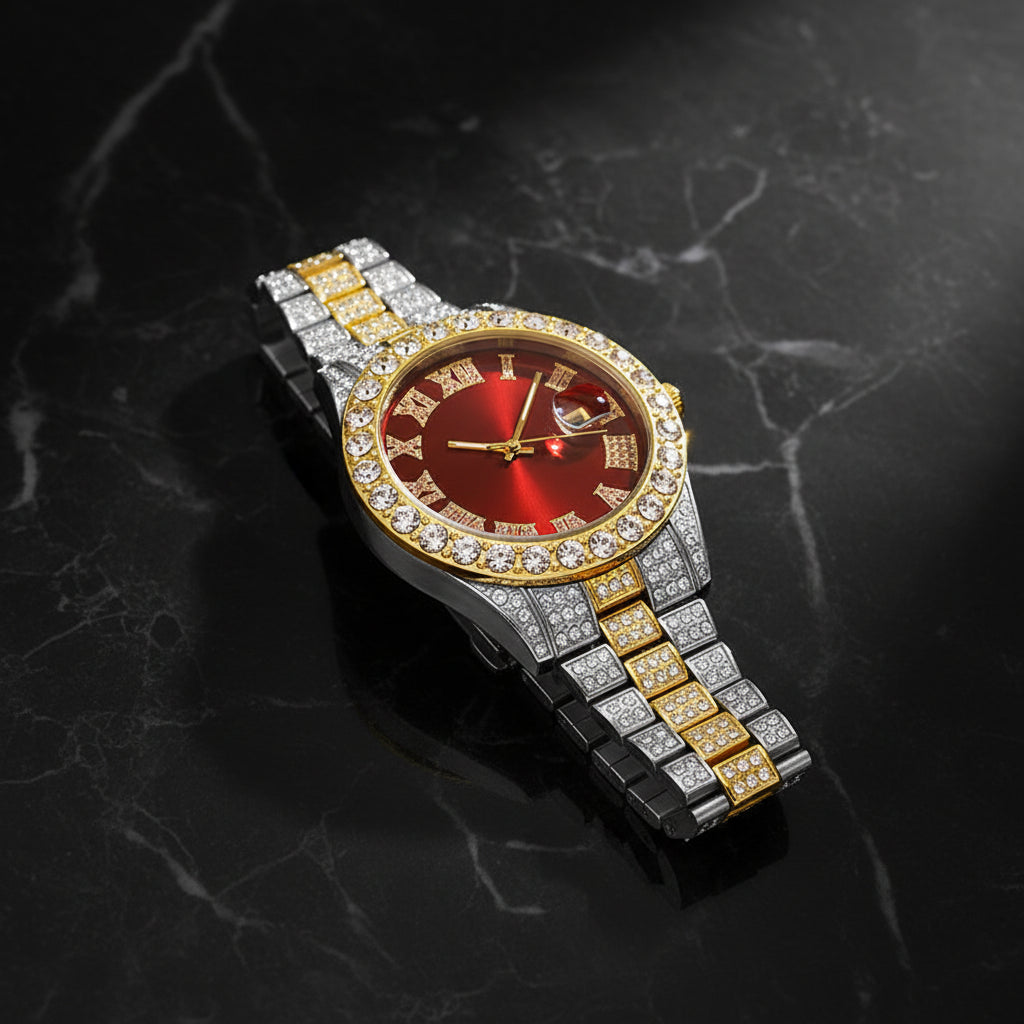 Luxury Hip Hop Stainless Steel Gold Color Calendar Watch For Men Iced Out Paved Rhinestones Men Watch Reloj Hombre