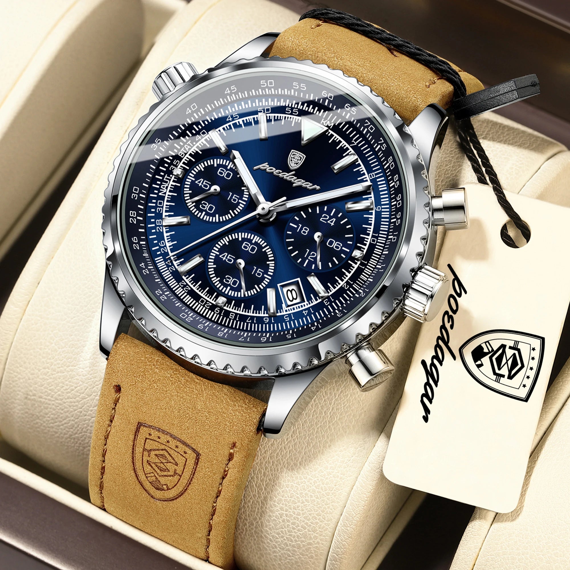 POEDAGAR Business Men Wristwatch Waterproof Luminous Date Chronograph Sport Man Clock Leather Quartz Fashion Men's Watches Reloj