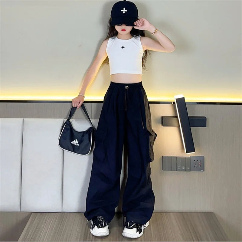 Girls' Cargo Jogger Pants – Loose Straight Streetwear Trousers with Pockets (Ages 5–14)