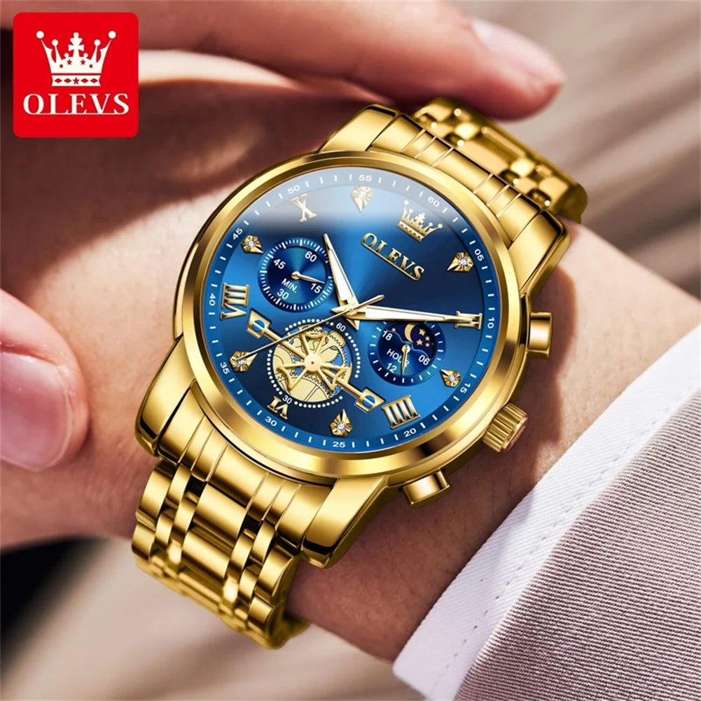 OLEVS 2856 Quartz Watches for Men Fashion Flywheel Design Chronograph Waterproof Luminous Calendar Moon Phase Men's Wristwatches