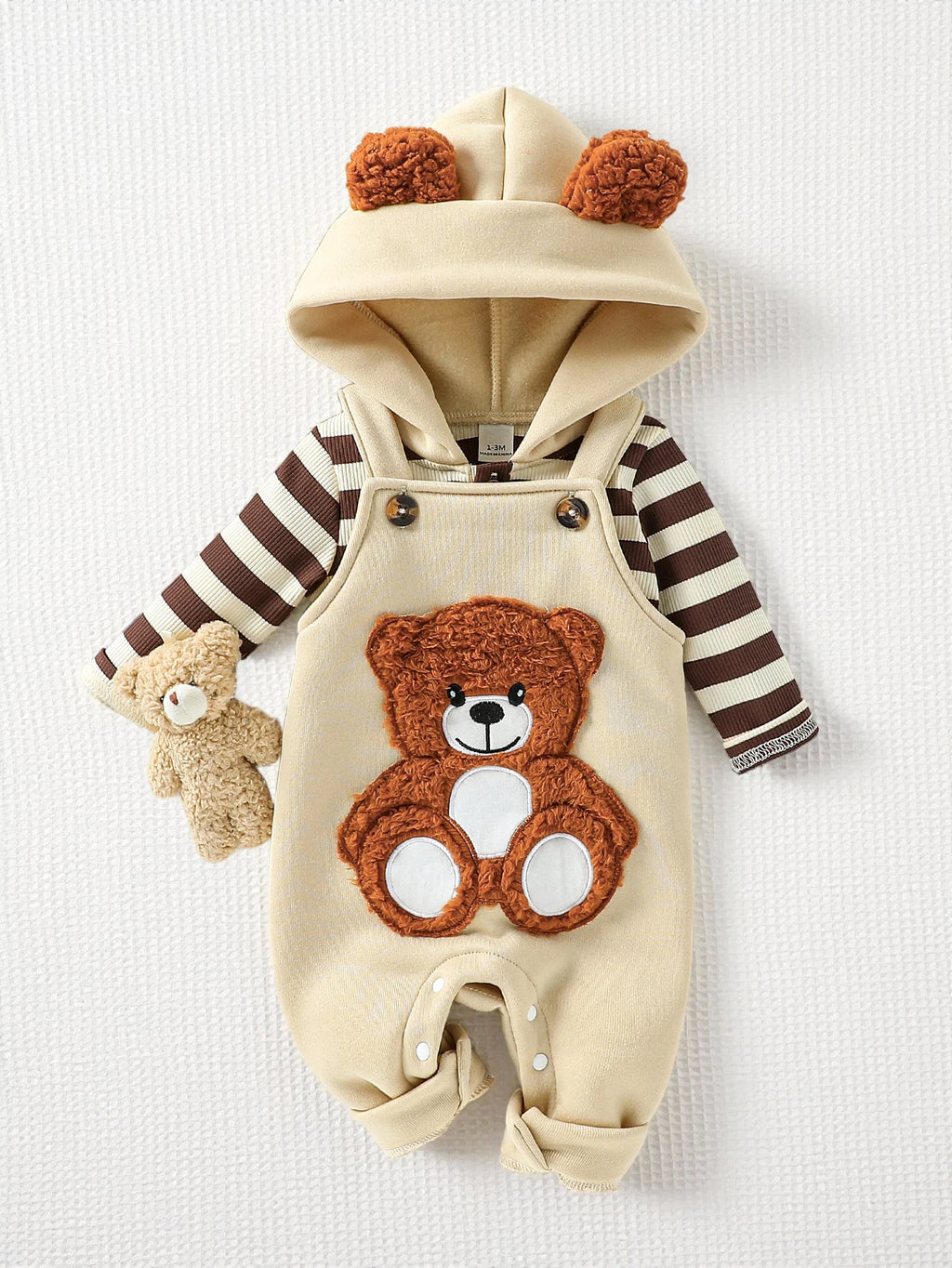 Baby Boys' 2-Piece Set – Striped Hoodie & Embroidered Bear Overalls (1–3Y)