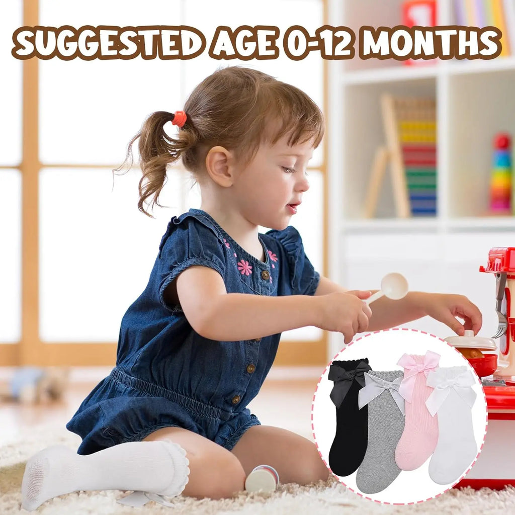 Baby Girl Knee High Socks with Bow Ruffles – Soft Cotton Toddler Stockings