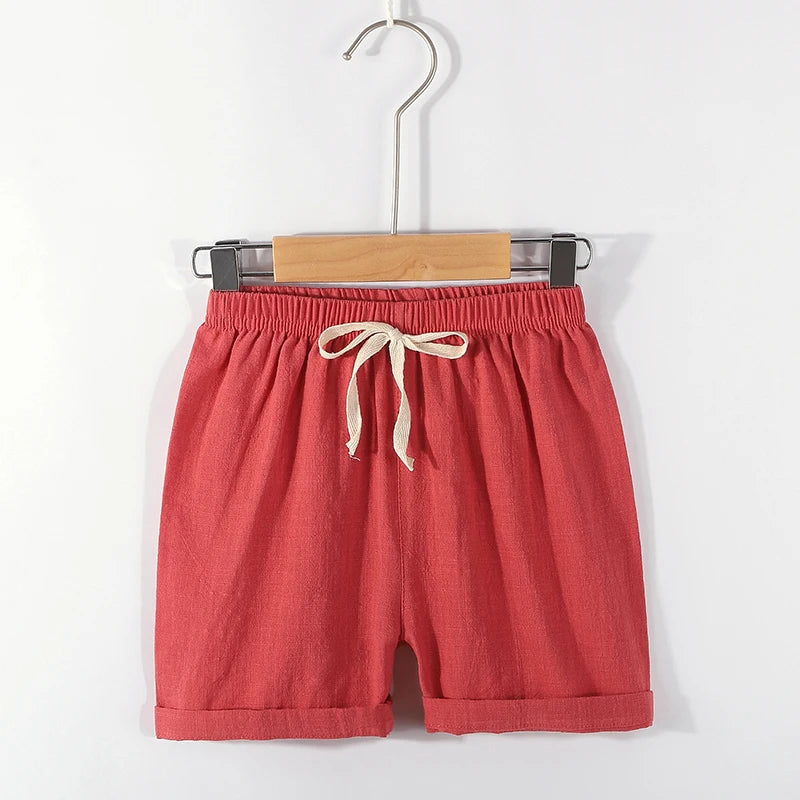 Kids' Beach Shorts – Candy Color Cotton Linen, Breathable Unisex (100–160cm)