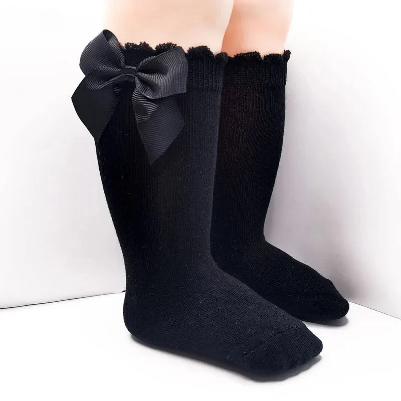 Baby Girl Knee High Socks with Bow Ruffles – Soft Cotton Toddler Stockings