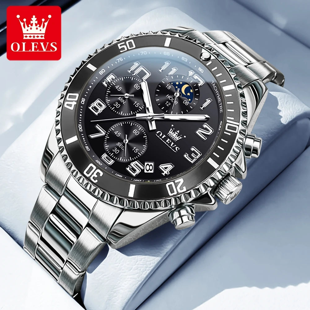OLEVS 2926 Men's Watch Luxury Brand Gold Waterproof Calendar Moon Phase Chronograph Top Fashion Stainless Steel Men Quartz Watch