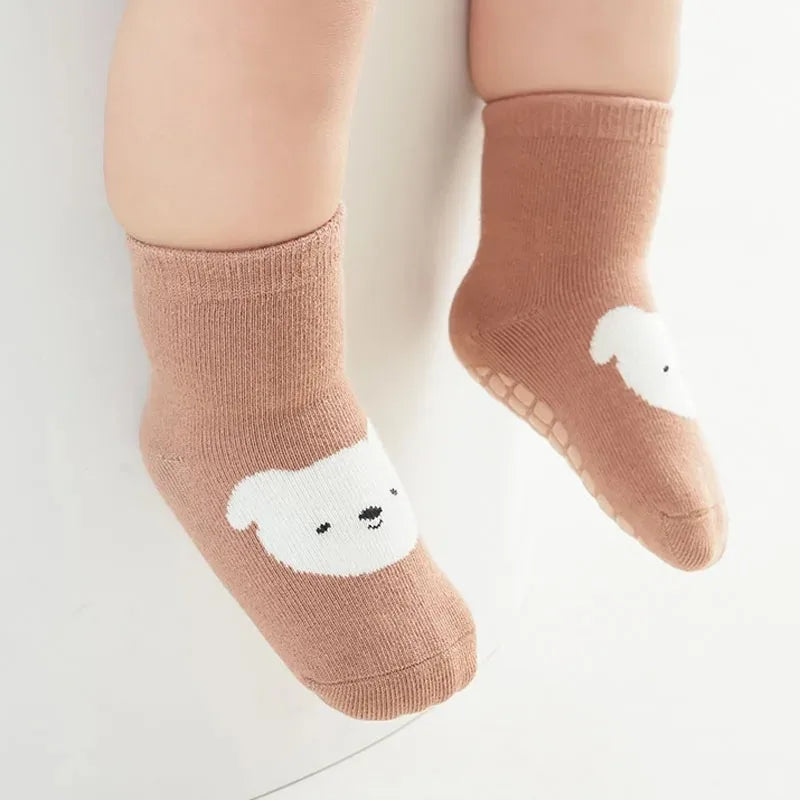 Kids' Non-Slip Floor Socks – Cartoon Fox & Bear Print, 6 Pairs (Toddler 1–4Y)
