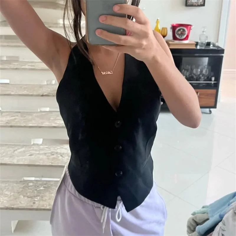 Women’s Crop Vest – Off Shoulder, Sleeveless, V‑Neck, Backless Summer Waistcoat