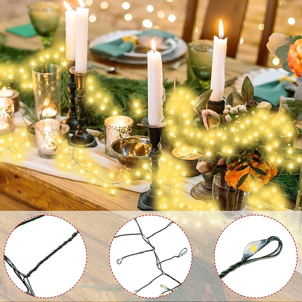 LED String Fairy Cluster Lights Green Wire Christmas Tree Lights Outdoor Garland New Year Street Home Party Wedding Decor Lamps