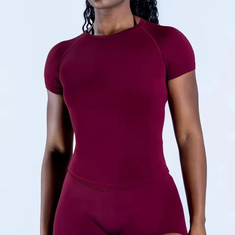 No Logo Short Sleeve Yoga Top Round Neck Seamless Gym Shirt for Woman High Stretch Sports Running T Shirts Workout Clothes