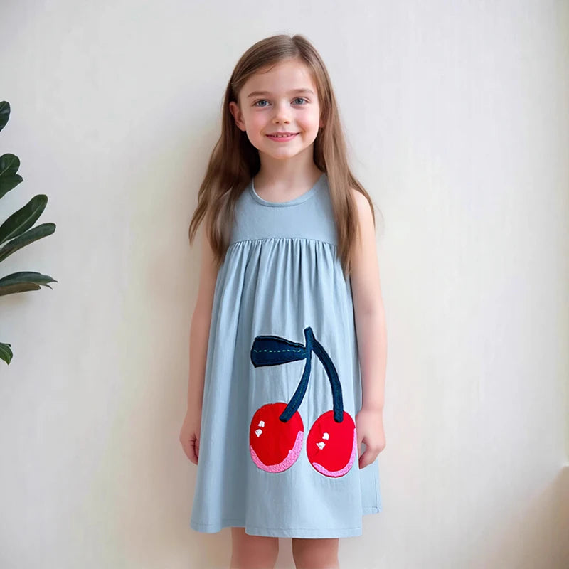 Girls' Cherry Denim Sleeveless Dress – Casual Summer A-Line Dress (2–7Y)