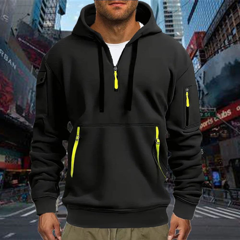 Men’s Casual Sports Hoodie – Solid Color Pullover, Arm Pocket, Plus Size