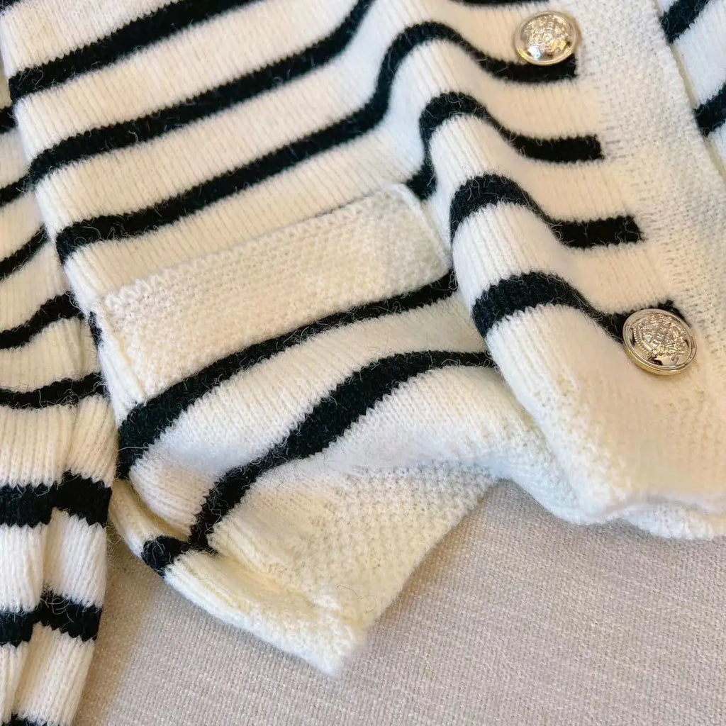 Stripe Knitted Cardigan Women Spring Autumn O-neck Single Breasted Long Sleeve Crop Tops Fashion Casual Chic Female Sweaters