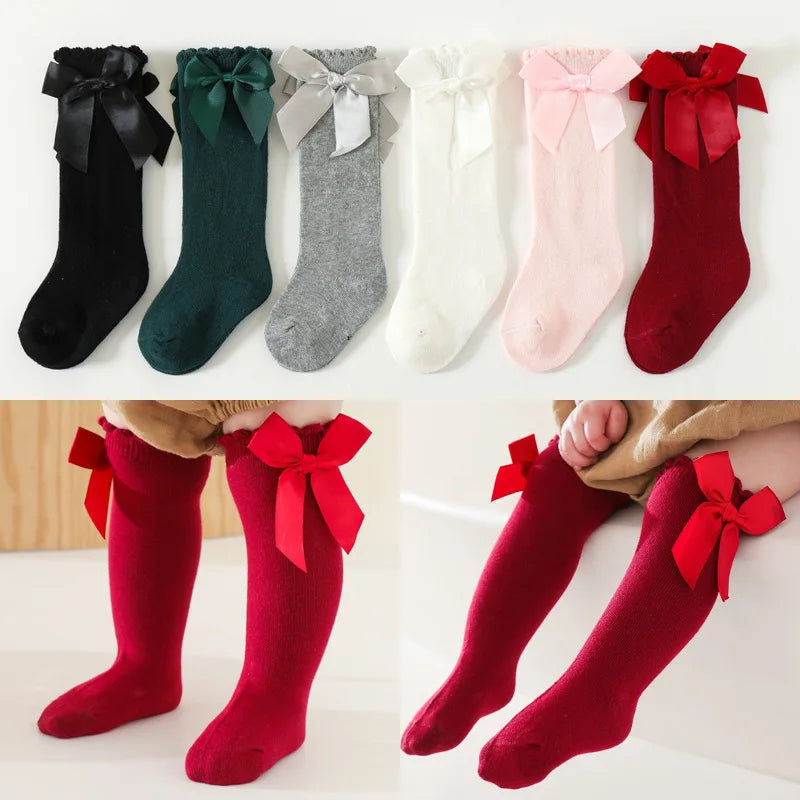 Baby Girl Knee High Socks with Bow Ruffles – Soft Cotton Toddler Stockings