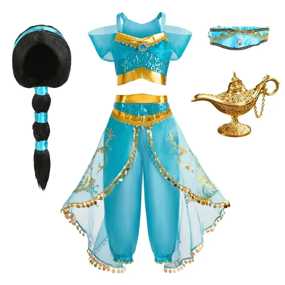 Girls' Jasmine Arabian Princess Costume – Sequin Dress for Halloween & Carnival (Sizes 100–150)