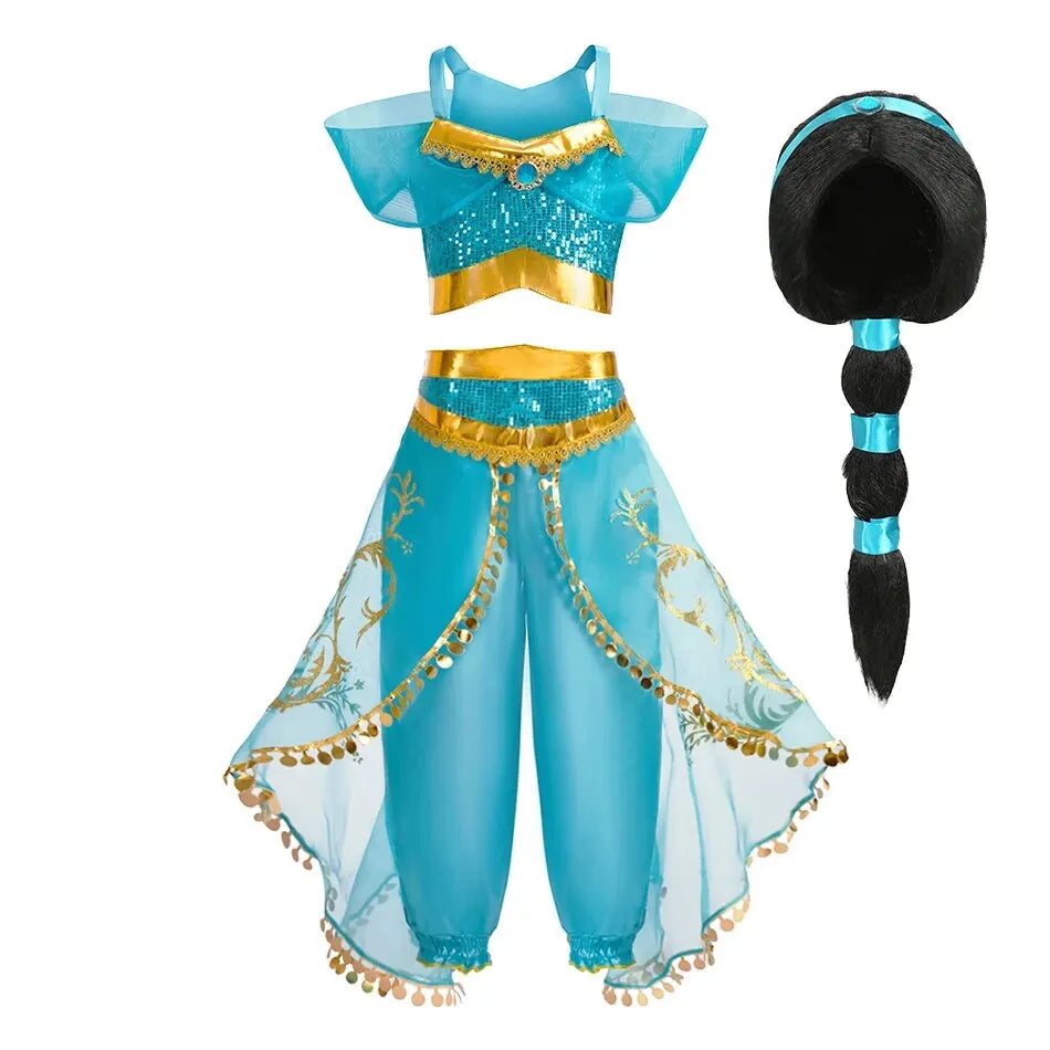 Girls' Jasmine Arabian Princess Costume – Sequin Dress for Halloween & Carnival (Sizes 100–150)