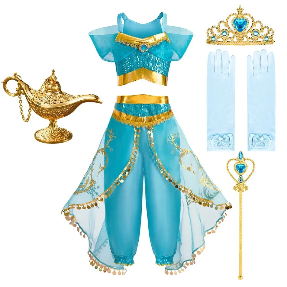 Girls' Jasmine Arabian Princess Costume – Sequin Dress for Halloween & Carnival (Sizes 100–150)