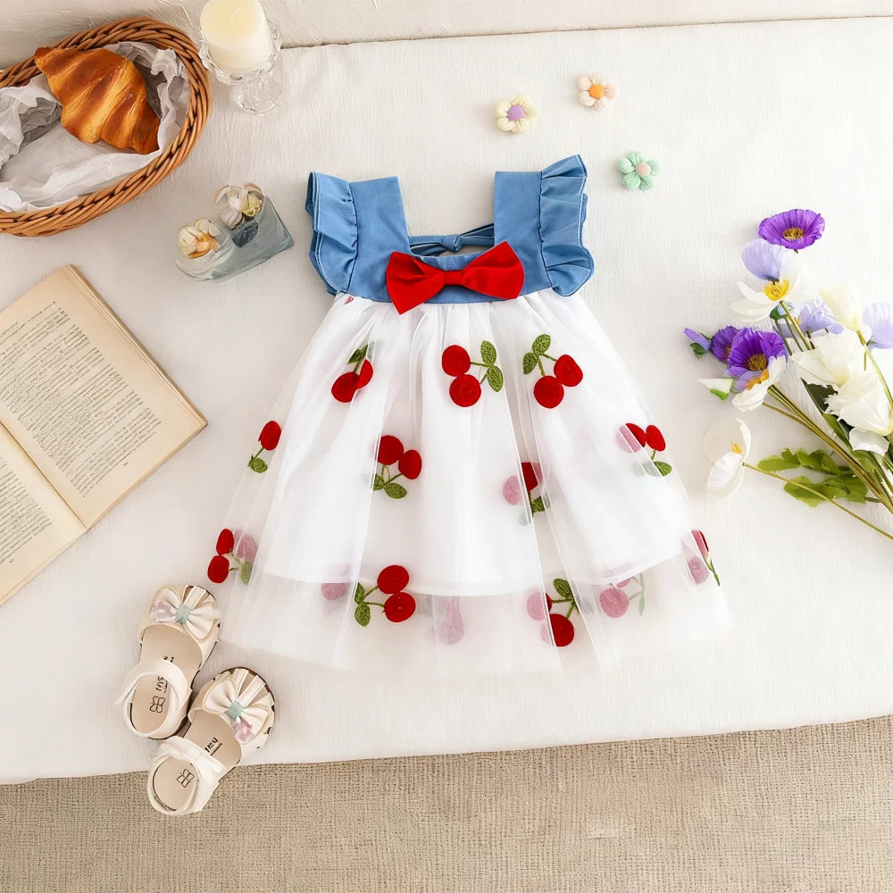 Baby Girl Lace Cherry Dress – Puff Sleeve Flower Girl Wedding Dress